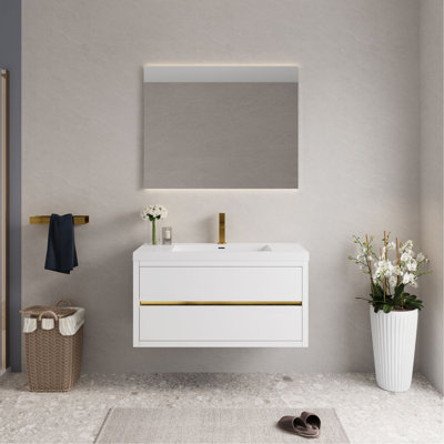 Meuble-lavabo mural 42 po avec lavabo, meuble de rangement flottant pour salle de bain avec comptoir en résine de pierre et tiroirs à fermeture en douceur entièrement assemblés