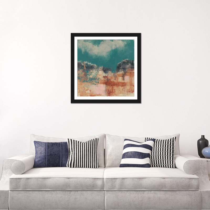 «Teal Sky I» par Jennifer Goldberger, reproduction sur toile, H 16 po x l 16 po x P 1 po, Papier d'art encadré noir, Blanc