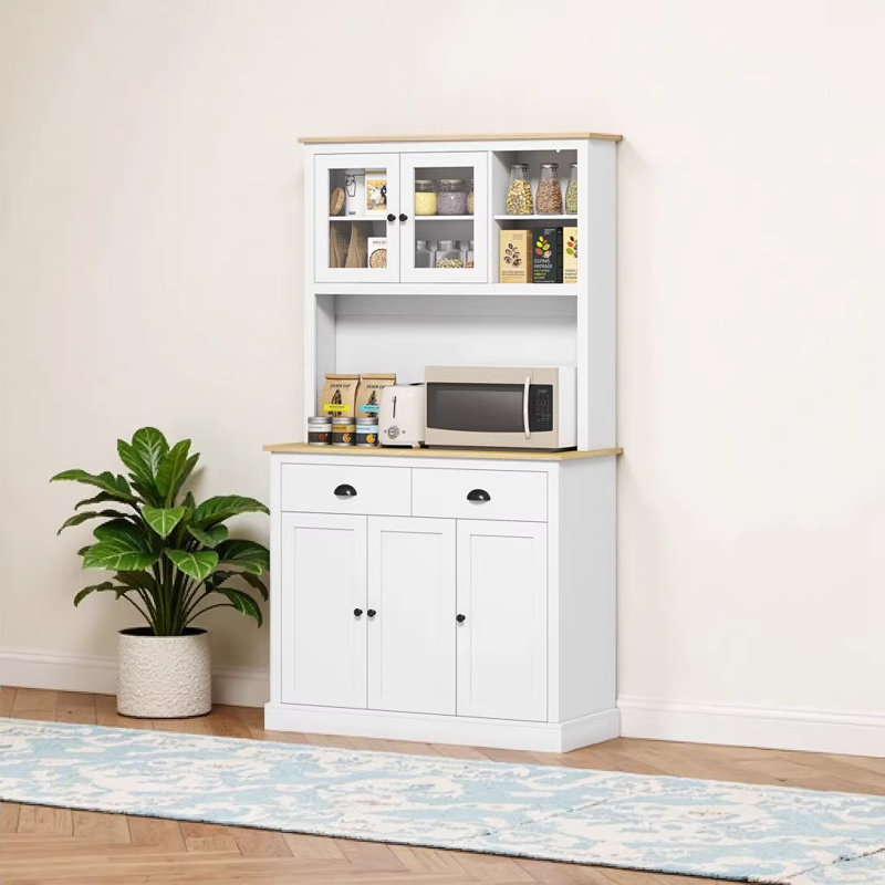 71" Tall Freestanding Kitchen Cabinet with Adjustable Shelves and Cable Management, White & Oak Finish, White