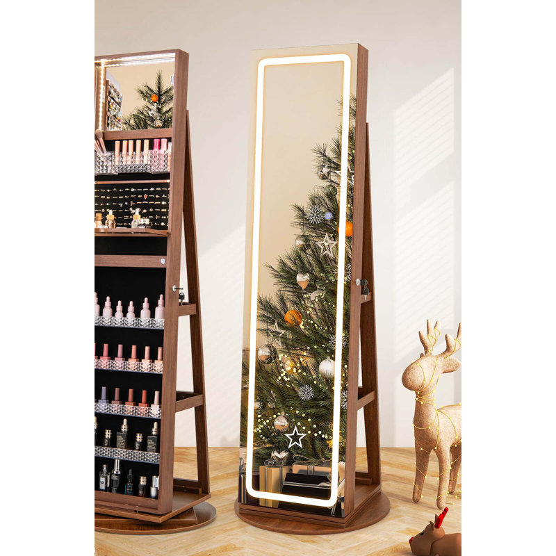 360° Swivel Jewelry Cabinet Organizer 3-color Led Mirror With Built-in Lights, Brown