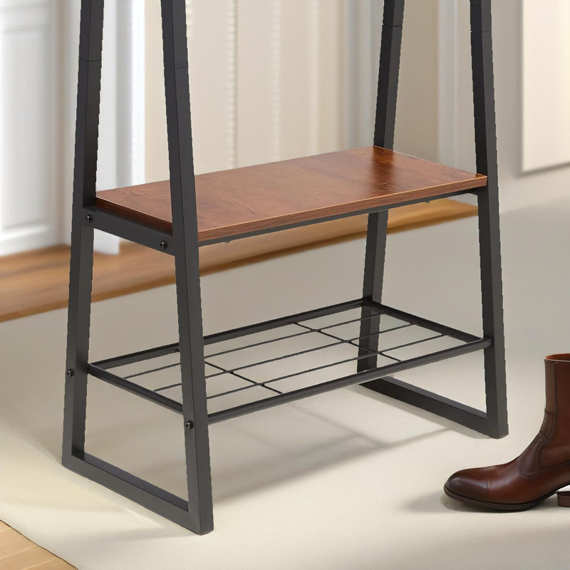 Hall Tree 65cm Wide Industrial Coat Rack Stand With 2 Shoe Storage Shelves
