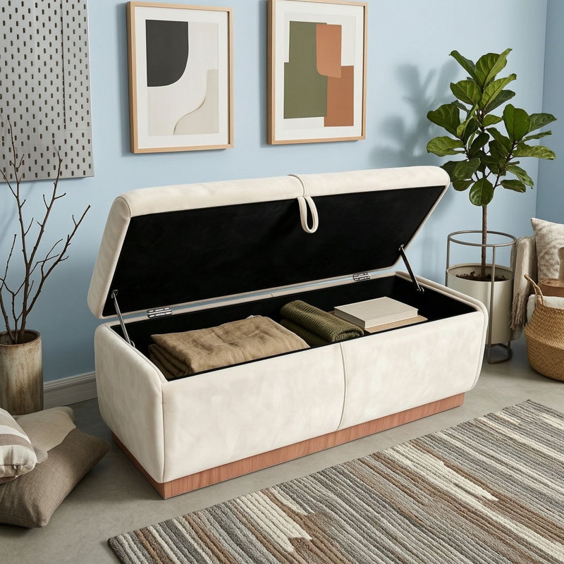 Banquette de rangement rembourrée avec couvercle relevable, Beige