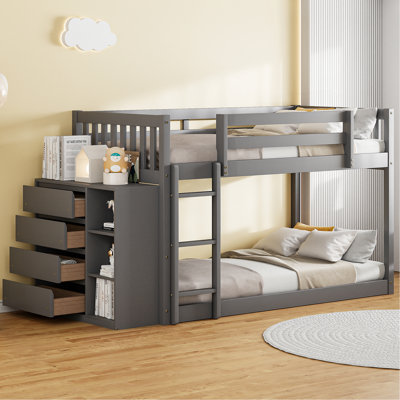 Lit superposé simple au-dessus de simple avec 4 tiroirs et 3 tablettes - gris