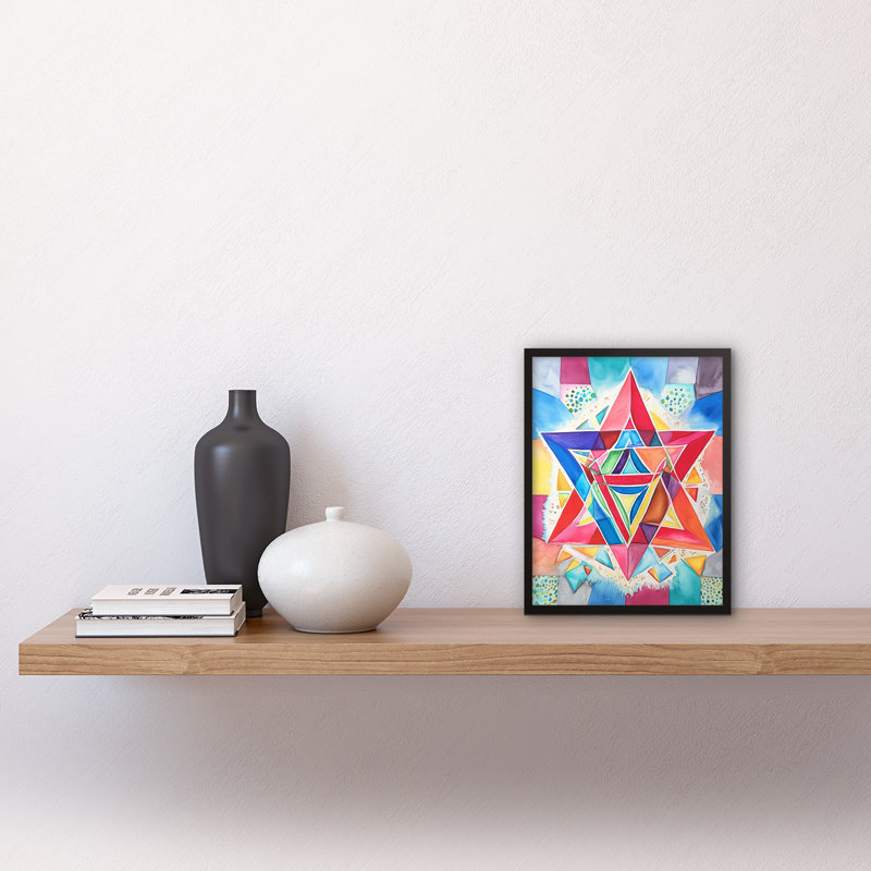 Jewish Star Of David Bright Multicoloured Folk Art Watercolour Painting Artwork Framed Wall Art Print 9X7 Inch