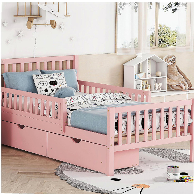 Lit plateforme en bois avec gardes latéraux et deux tiroirs de rangement, Lit simple, Rose
