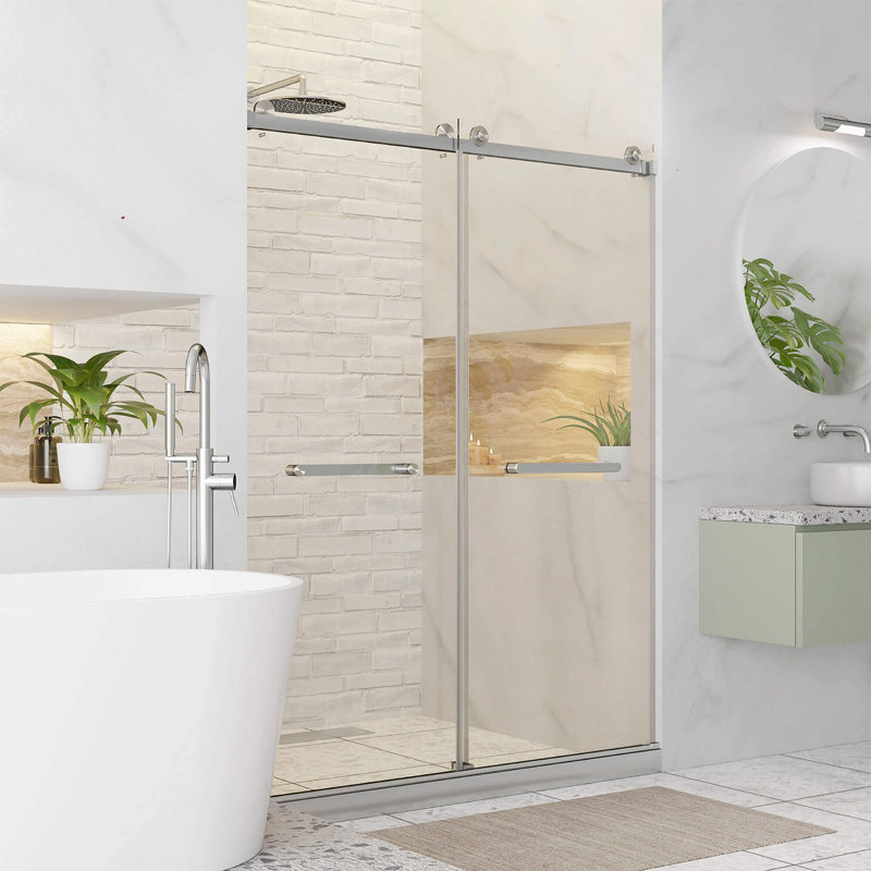 Porte de douche coulissante double sans cadre l 54 po x H 80 po, nickel satiné, Nickel satiné