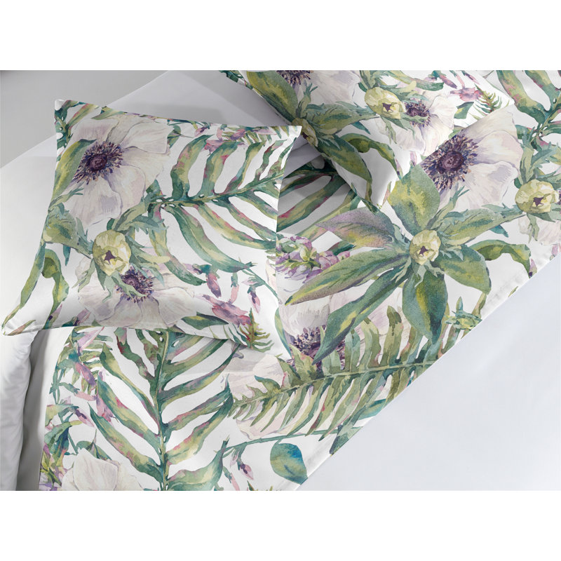Ambesonne Tropical Bed Runner Set Palm Leaves Lupine Anemone Pale Olive Green and Quartz, King