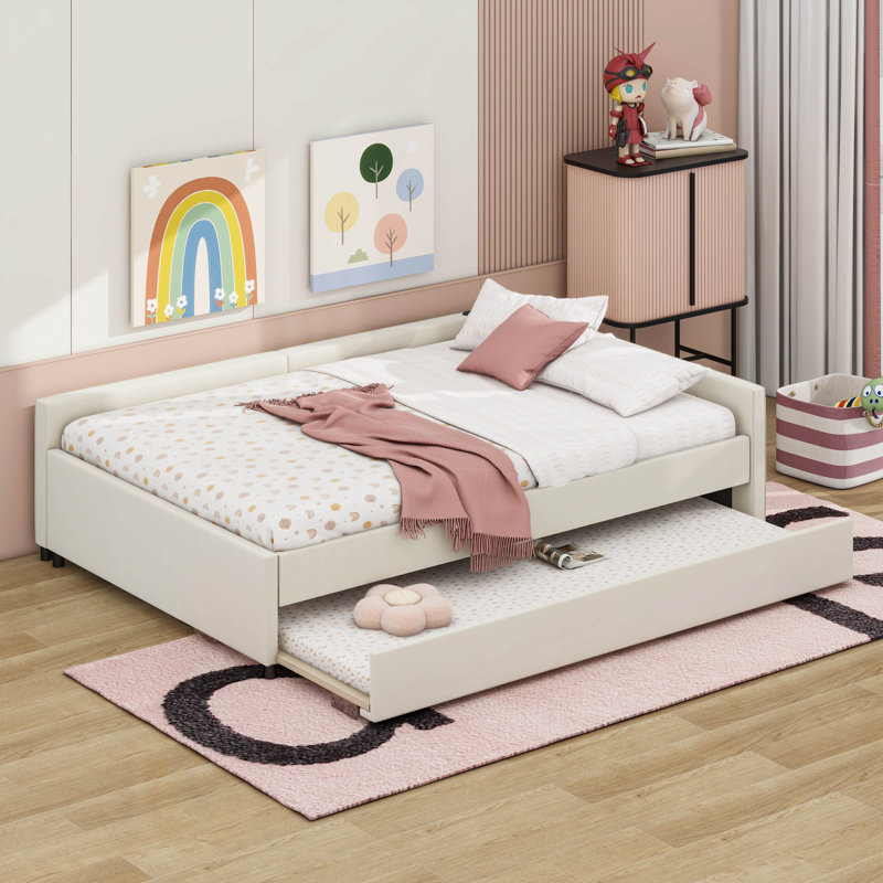 Full Size Upholstered Platform Bed With USB And Twin Size Trundle, Full