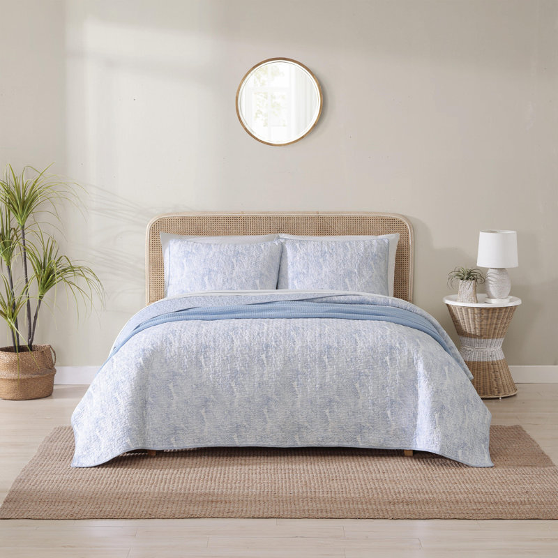 Blue Cotton Reversible Full Quilt Set with Shams