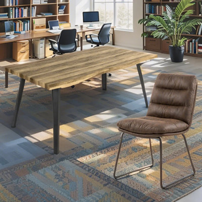 Bureau en bois massif de style industriel ModernWork + chaise rembourrée en cuir | Cadre en métal noir | Idéal pour les bureaux et les espaces de travail à la maison