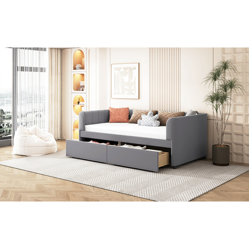 Lit de jour simple avec 2 tiroirs de rangement et dossier ergonomique, structure stable grise pour une chambre à coucher