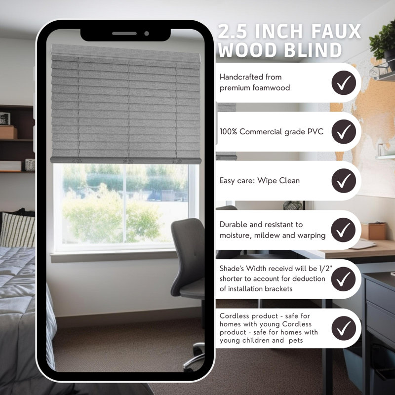 Custom Cordless 2.5” Inch Faux Wood Blinds with Handcrafted Textured Wood Grain and Valance – Premium Foam Wood Design, Gray