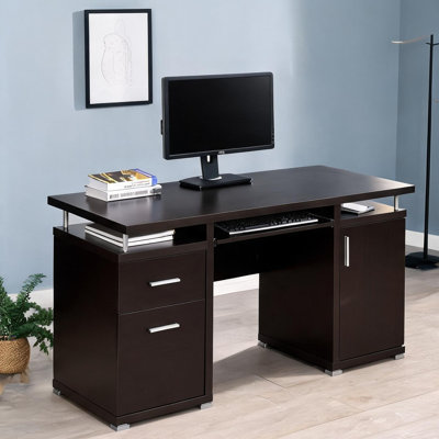 Two-Drawer Computer Desk with Warm Brown Cappuccino Finish and Solid Wood Top, Rectangle 55 Inches Wide