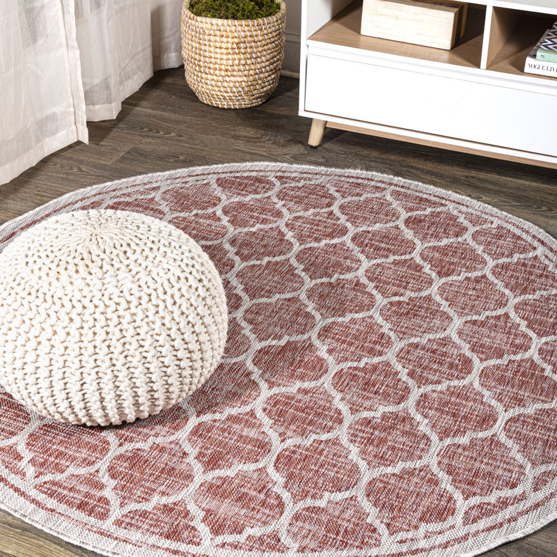 Hague Moroccan Trellis Textured Weave Red/Beige Indoor/Outdoor Rug, Round 9'