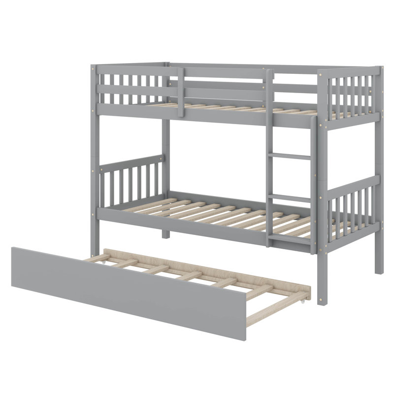 Twin Over Twin Rubber Wood Bunk Bed Featuring Pull-Out Trundle Transformable Into Two Separate Beds, Grey
