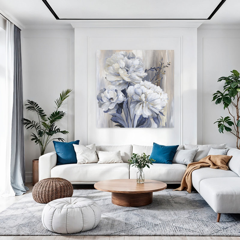 Art botanique bleu contemporain, H 48 po x l 48 po