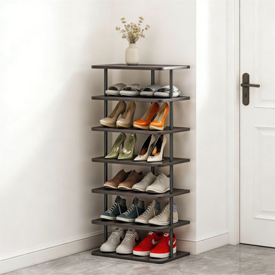 7 Tier Vertical Shoe Rack, Narrow Wooden Shoe Storage Organizer For 14 Pairs, Space Saving Shelf For Entryway Living Room, Black & Rustic Brown