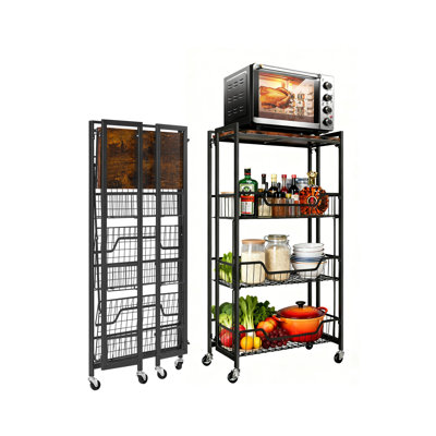 Chariot de rangement de cuisine pliable et robuste à 4 niveaux – Roues verrouillables, étagères amovibles, préassemblé, capacité de 45 kg, organisateur mobile gain de place pour la maison, le bureau et le garage