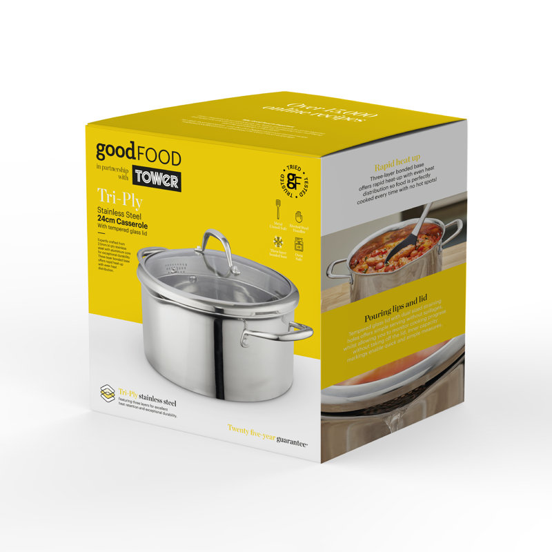 Good Food in partnership with Tower Hard Anodised Casserole Dish with Tempered Glass Lid, Pouring Lips, 10x Stronger Superior Ceramic Non-Stick Coating, Induction Compatible