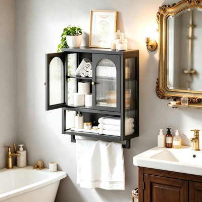 Wall Cabinet with Fluted Glass Doors, Adjustable Shelf, and Towel Rack for Bathroom, Kitchen
