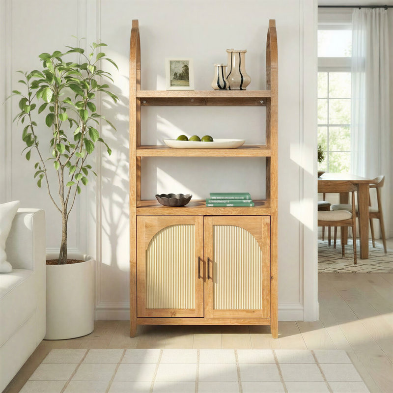 Eilisha Modern Arched Bookcase Cabinet with Reeded Doors, English Oak