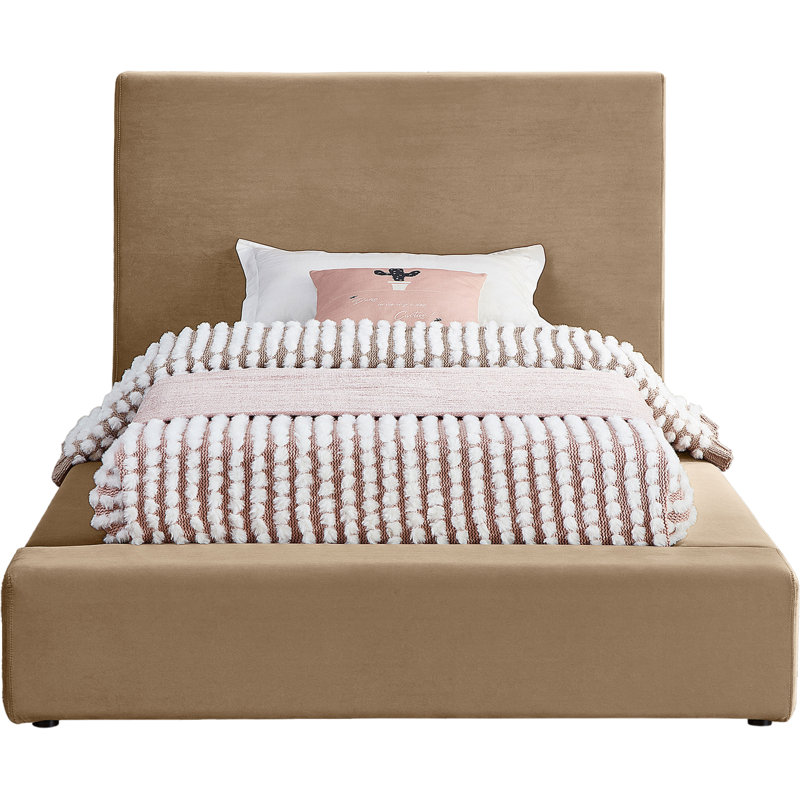 Ishia Upholstered Platform Bed, Twin, Beige Velvet
