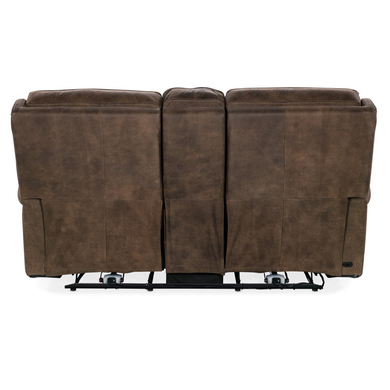 Seville Timber Brown Leather Reclining Loveseat with Storage and Cup Holder