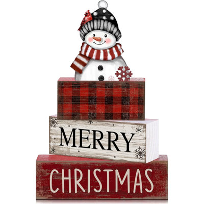 4 Pcs Christmas Table Decoration Wooden Snowman Decor Christmas Tiered Tray Decor Red Buffalo Plaid Block Signs Snowman Table Centerpiece Farmhouse Winter Decoration for Home Kitchen Shelf