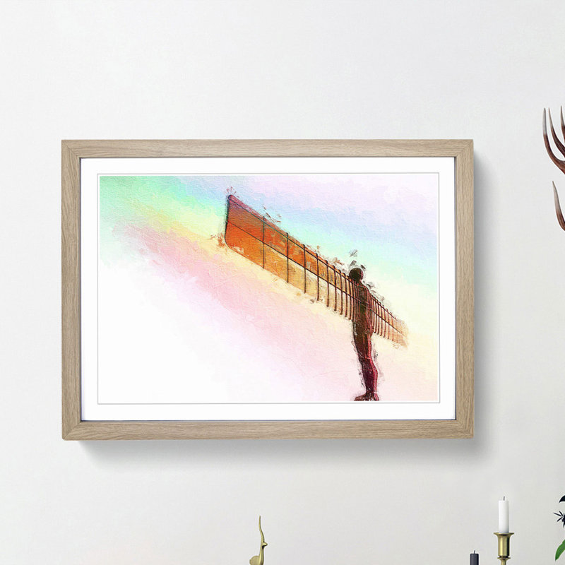 Rainbow on the Angel of the North in Abstract - Picture Frame Painting Print, 48cm H x 65cm W x 2cm D, Oak Framed