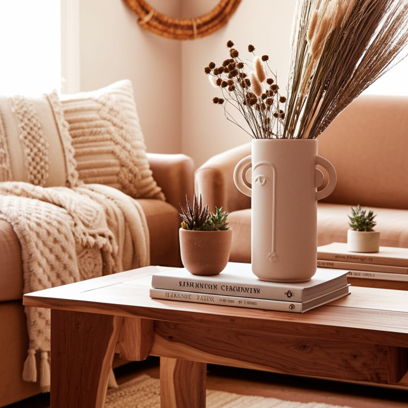 Vase Stoneware Ceramic Abstract Face Design Boho Decorative Accent for Home Office Living Room Bedroom - 10" Ivory & Tan