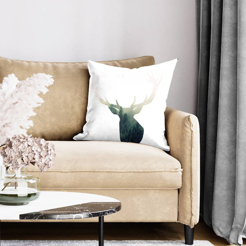 Deer head with green landscape shape - 20"x20" Throw pillow cover - Poly twill - Print on demand, 20"H x 20"W