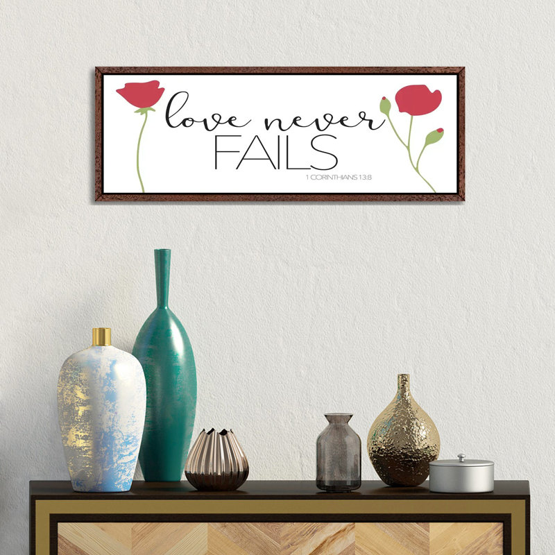Love Never Fails 1 Piece Panoramic Wall Art on Canvas, 30.48cm H x 91.44cm W x 3.81cm D, Classic Brown Wood Floater Framed