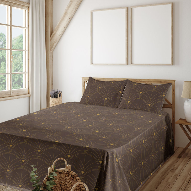 Microfiber Sheet Set, Full Sheet Set with 2 Pillowcases, Dark Brown/Sand Brown Geometric