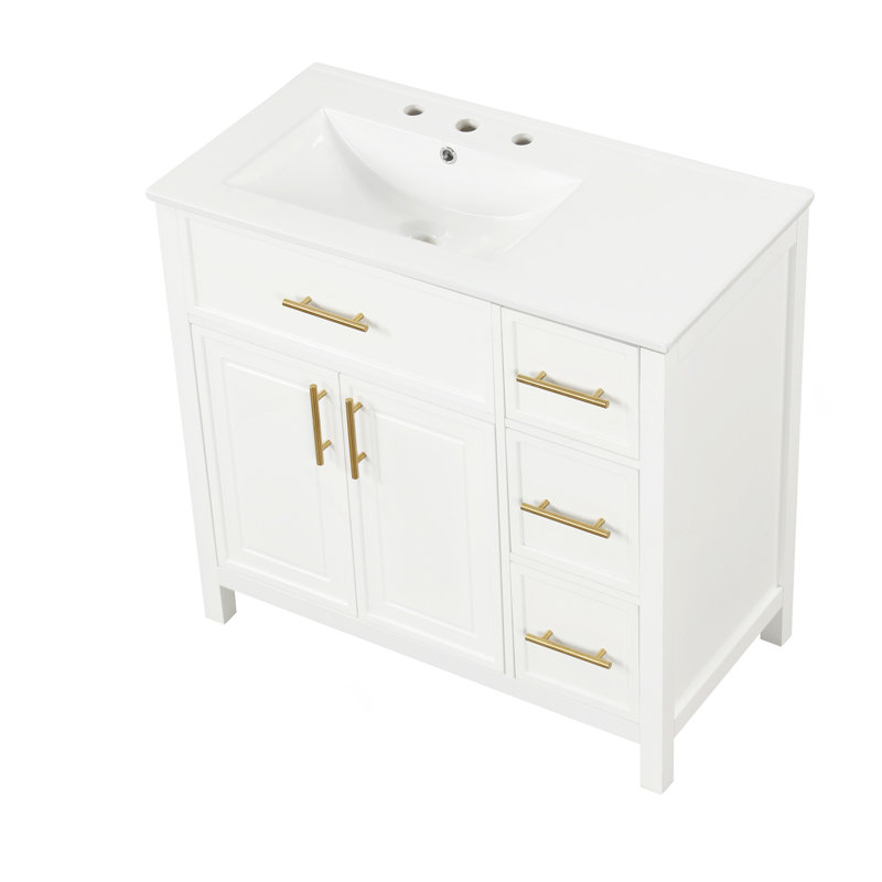 Meuble-lavabo 36 po avec comptoir, meuble-lavabo avec deux portes et trois tiroirs, bois, panneaux de fibres à densité moyenne, un paquet, blanc