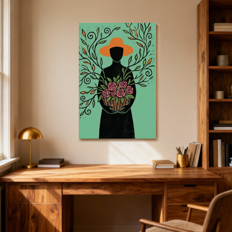 Plantes et fleurs, silhouette de femme tenant des roses avec des vignes