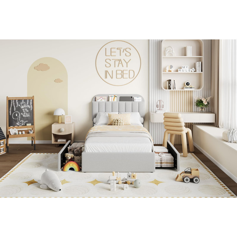 Lit plateforme simple tapissier avec tête de lit et 2 tiroirs Boucle, Gris