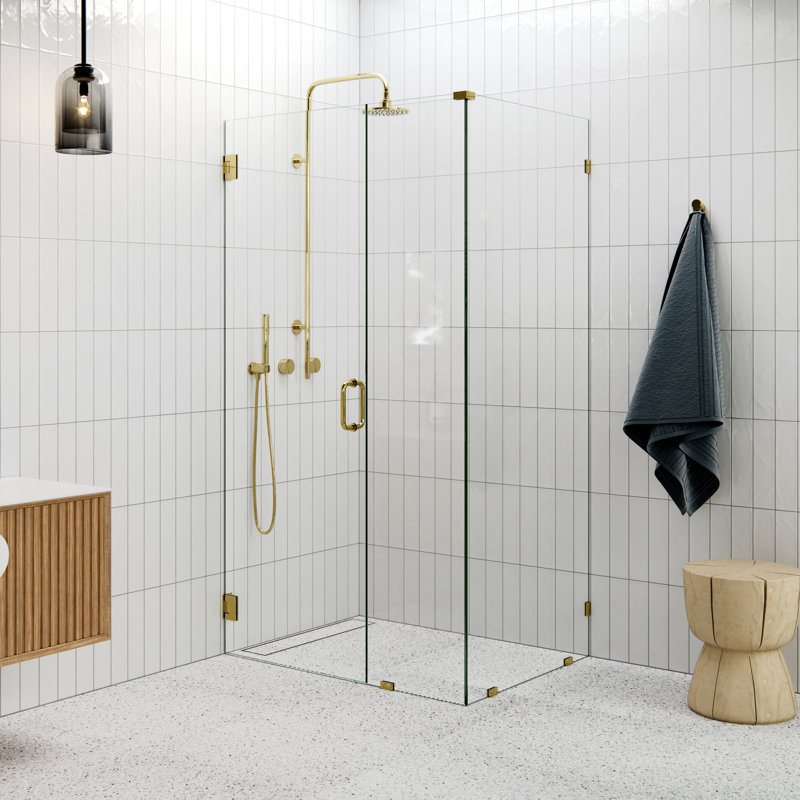 78" H Pivot Frameless Shower Door, Polished Brass