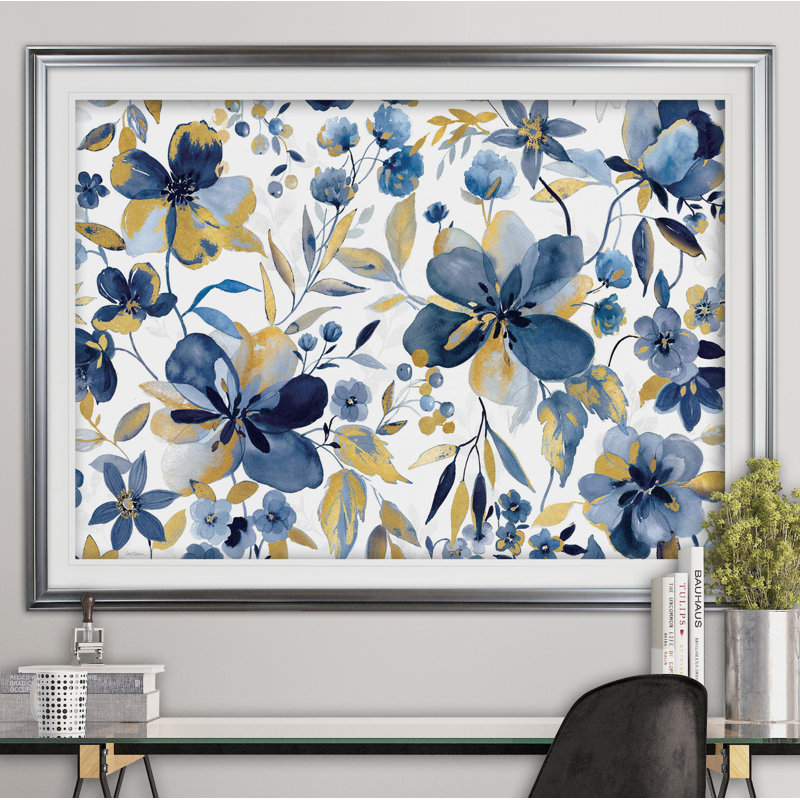 " Golden Indigo Garden ", Framed Print, 24" H x 32" W, Silver