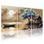 Ensemble de 3 tableaux sur toile tendue représentant un paysage de lac au clair de lune avec bateau, arbre et cabane-524675023