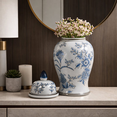 Decorative Temple Jar with Floral Pattern for Home Decor - Ceramic Flower Vase for Entryway Table or Living Room Decor - Blue