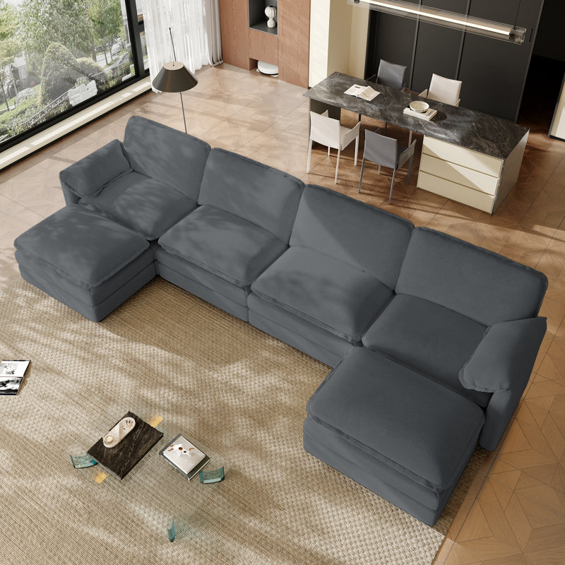 Kariba 149'' 6 - Piece Modular U Shape Sectional Sofa Cloud Couch With Ottomans, Gray Chenille
