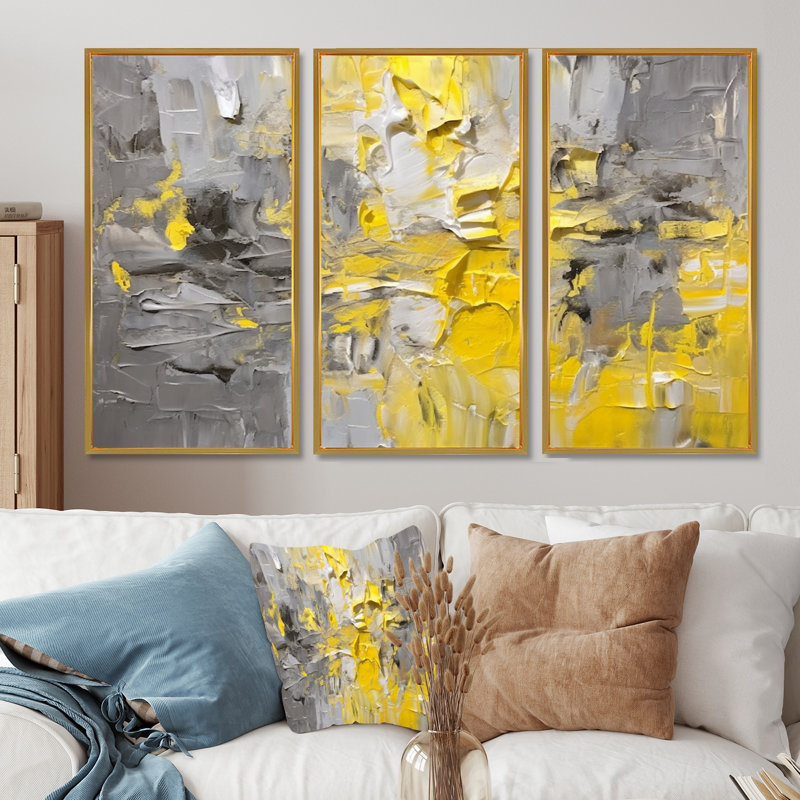 Intense réverbération jaune gris - ensemble d'art mural abstrait, Cadre flottant doré, H 40 po x l 60 po x P 1 po