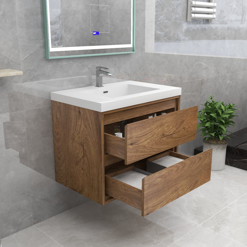 Azden 30" W Wall-Mounted Single Bathroom Vanity Set, Teak Oak