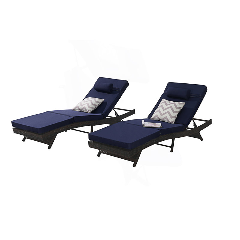 Set Of 2 Outdoor Long Reclining Chair, Reclining Lounge Chair, Lawn Sunbathing Chairs, Dark Blue, Brown