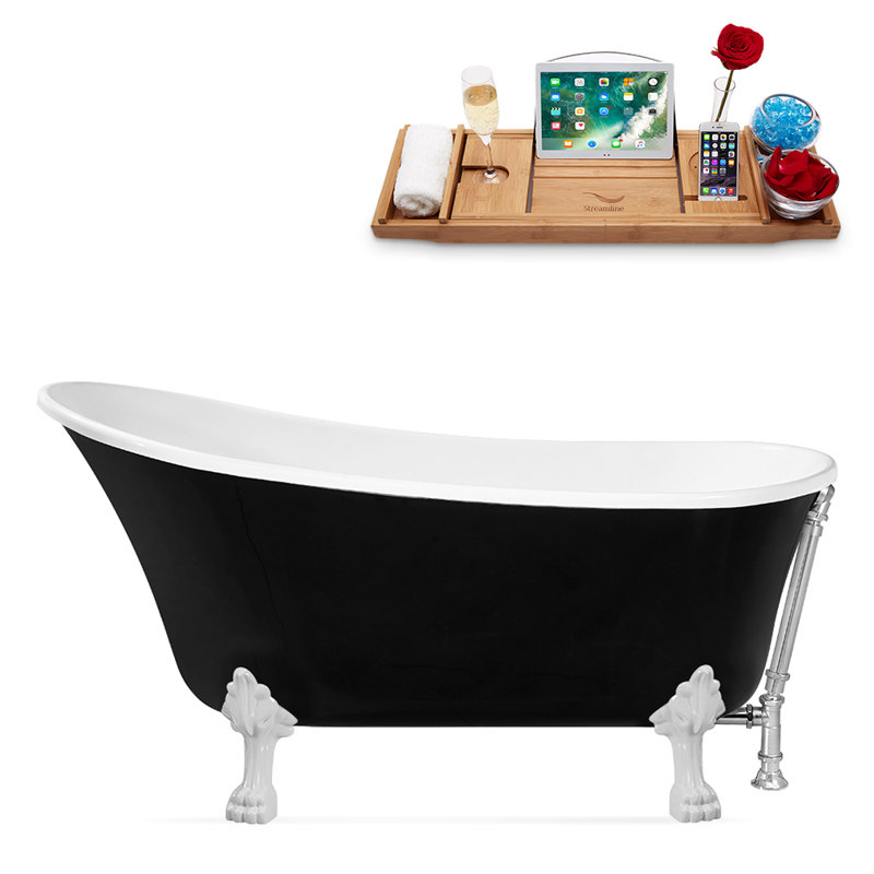 Baignoire de trempage sur pieds 59 "avec drain, pattes et plateau en bambou 59" Streamline, Blanc lustré, Chrome poli