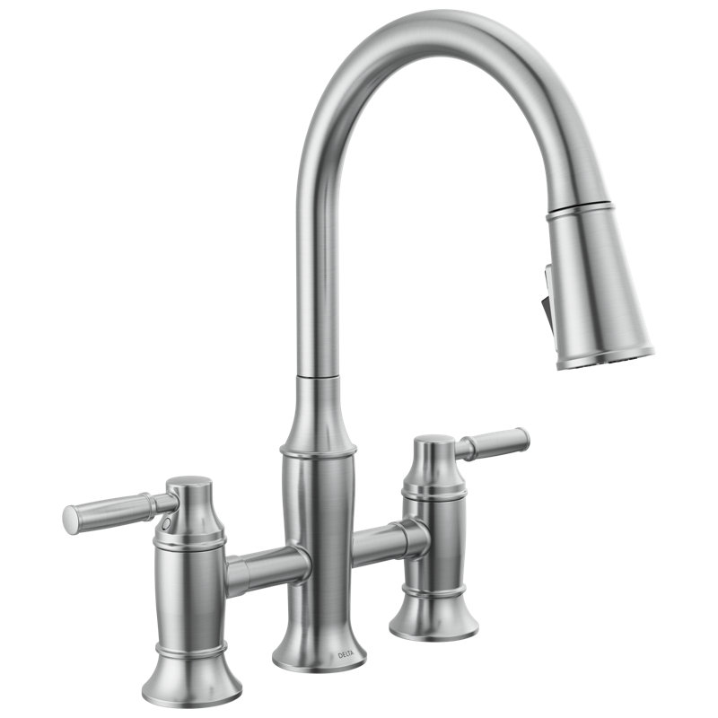 Renaldi Pull-Down ProClean Bridge Kitchen Sink Faucet, Two Handle Kitchen Faucet, Lumicoat  Arctic Stainless