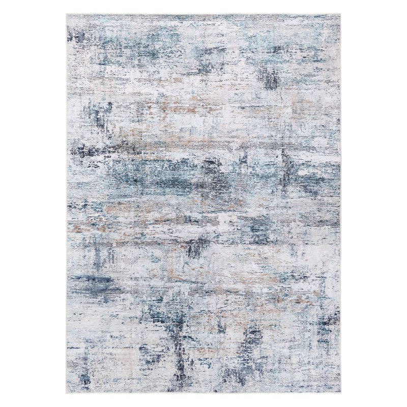 Bungalow Rose Blue/White Abstract Machine Washable Area Rug – Non-Slip, Stain Resistant, GRS Certified, for Bedroom, Living & Dining