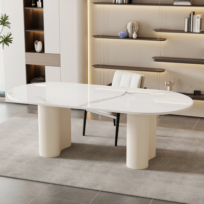 70.87" Beige Writing Desk, Glossy White Sintered Stone Tabletop, Executive Desk,Oval Office Desk