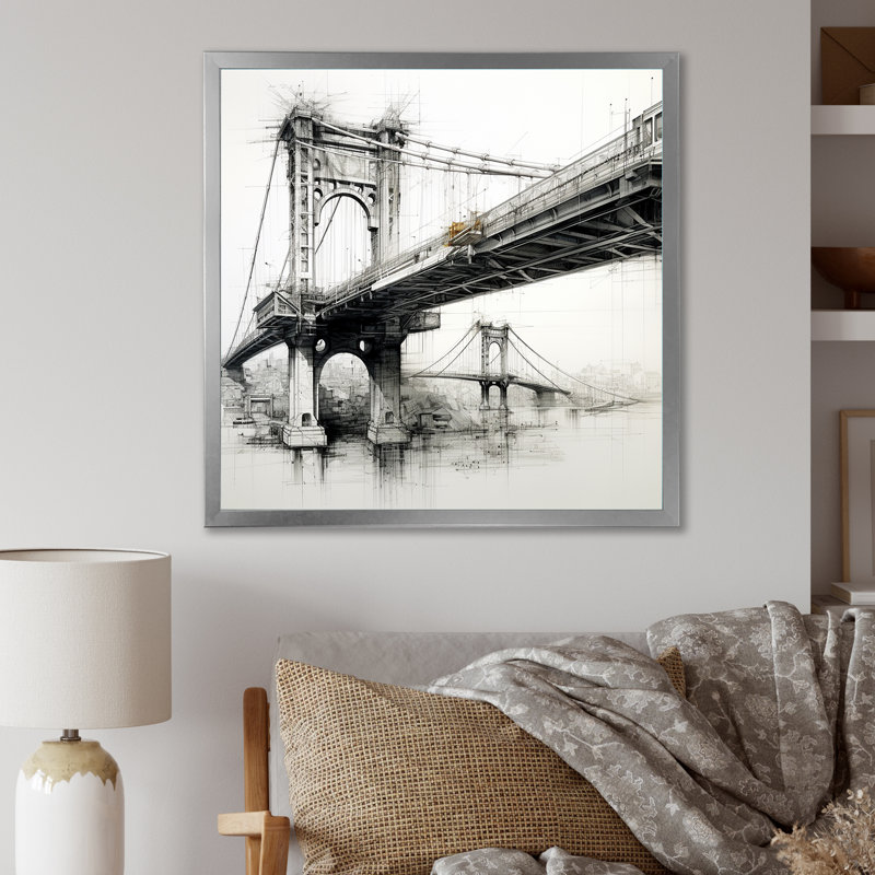 Dessin d'analyse d'un pont sur toile, H 30 po x l 30 po x P 1 po, Cadre simple argenté