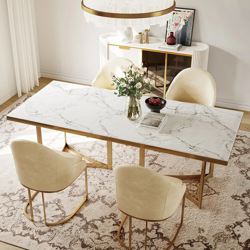 Modern White Faux Marble Dining Table with Double Pedestals Base Pre-Assembly, 29.53"H x 55.12"L x 31.5"W